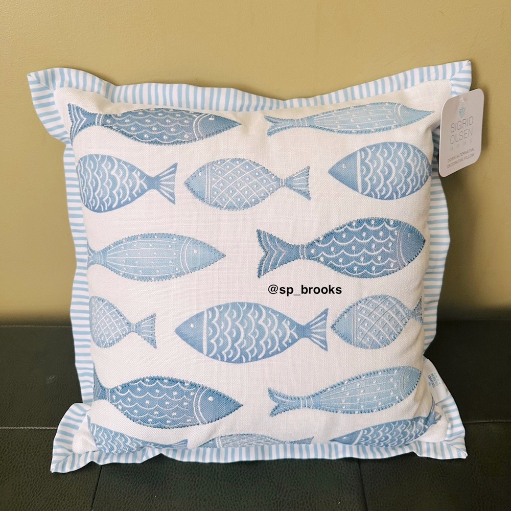 🎁Sigrid Olsen Down Alternative Decorative Pillow with Embroidered Fish - 16”x16”